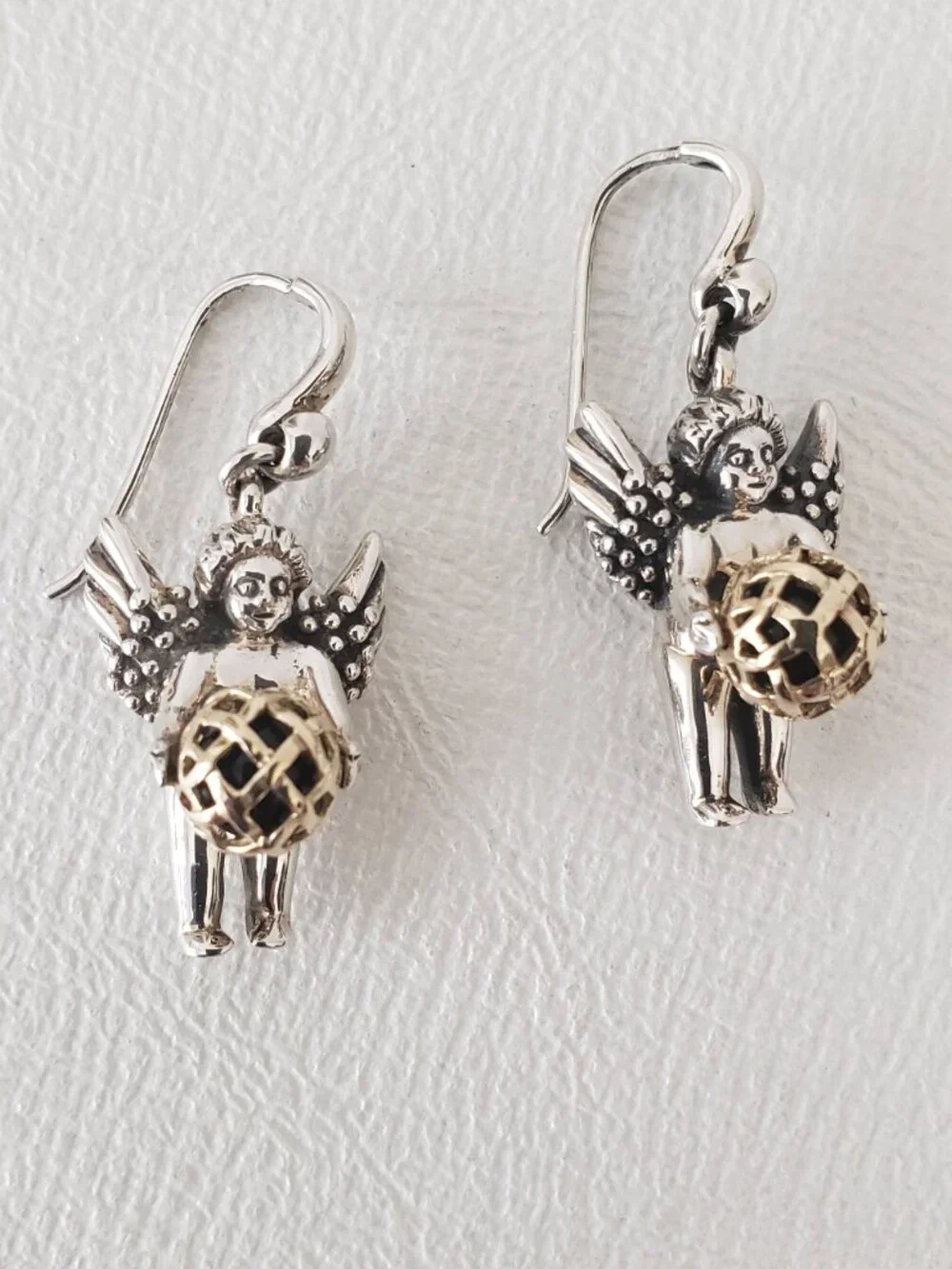 Barry Kieselstein Cord Vintage 14K Gold & Silver Cherub Orb Dangle Earrings